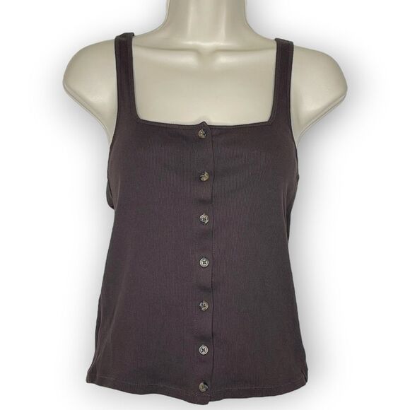 Sanctuary Brown Ribbed Button Up Square Neck Stretchy Tank Top Women’s Medium - Picture 1 of 10